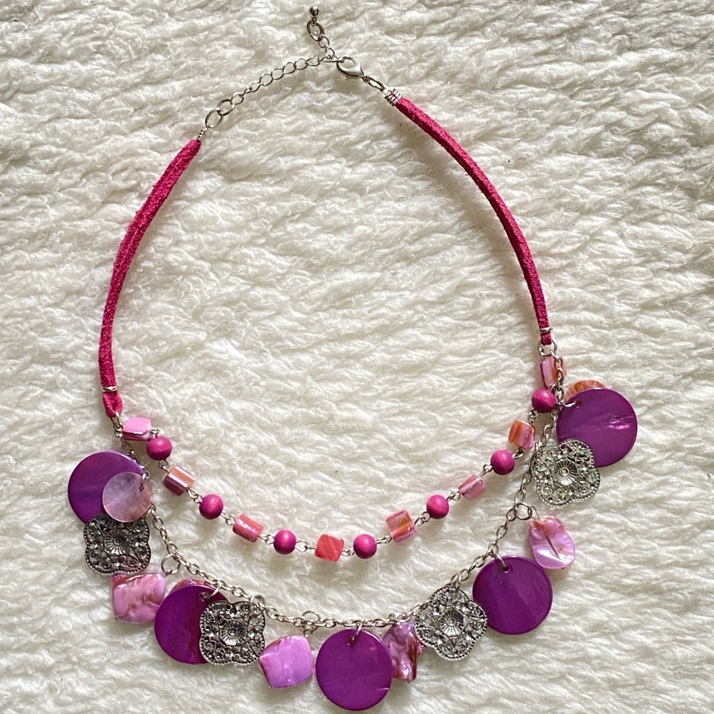 Purple Layered Necklace with Silver & Natural Charms – Y2K Inspired